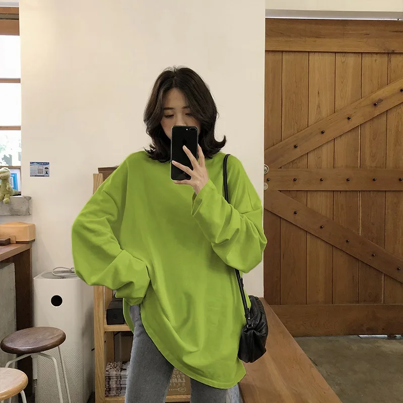 

Mid-length Long-sleeved Bottoming Shirt Women's Solid Color 2023 New Round Neck Loose All-match Casual T-shirt Korean Version