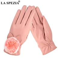 la spezia leather gloves women winter rabbit fur pom pom gloves pink pu fleece ladies elegant windproof touchscreen mittens