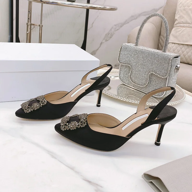 Summer New Women's Shoes Silk and Satin Muller High Heel Shoes Wrapped Head, Thin Heel, Square Button, Water Diamond Slippers