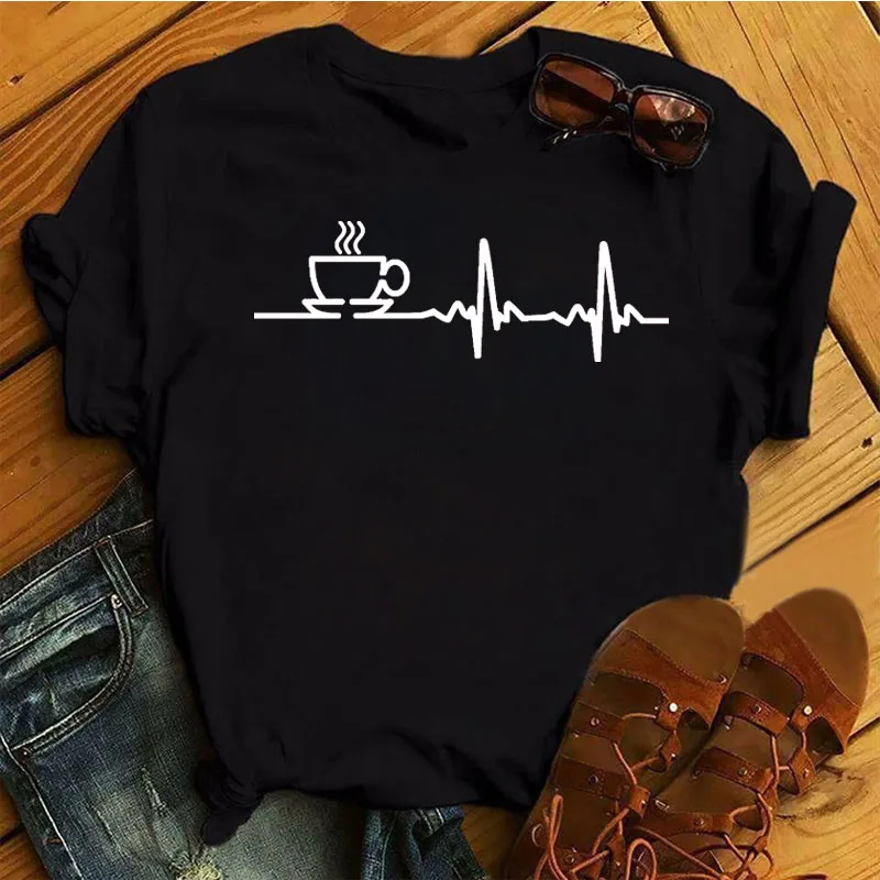 

Coffee Heartbeat Printed T Shirt Women New Fashion T Shirt Female Ladies Cute Graphic Tee Shirts Women Black T-shirt White Tops