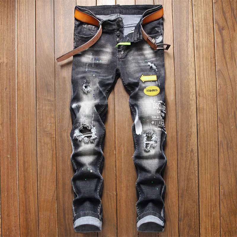 

European American Jeans D Quadratic 3d Cat Gray White Paint Graffiti Hand Sweep Holes Personality Hot Male Cattle Jeans