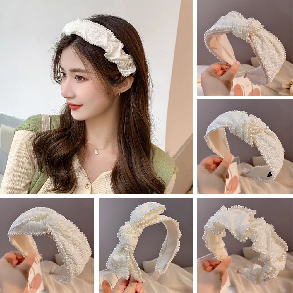 

Korean Style Women Girls White Bezel Hairband Headband Pearl Lace Hair Accessories Hairhoop For Woman Fashion Headwrap Hair Band