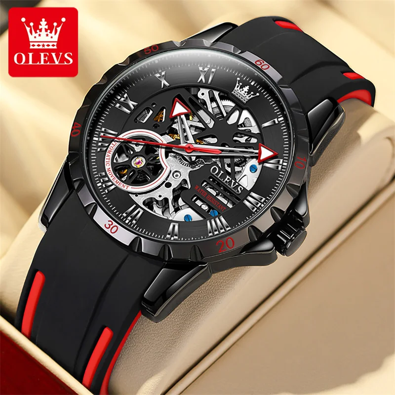 

OLEVS Fashion Skeleton Tourbillon Watch Mens Watches Silicone Strap Waterproof Steampunk Mechanical Watch with Luminous Hands