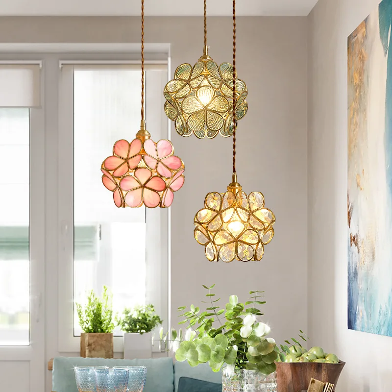 Nordic LED Flower Copper Pendant Lamp Tiffany Glass Kitchen Bedroom Dining Living Room Home Lighting Hotel Hanging Light Fixture