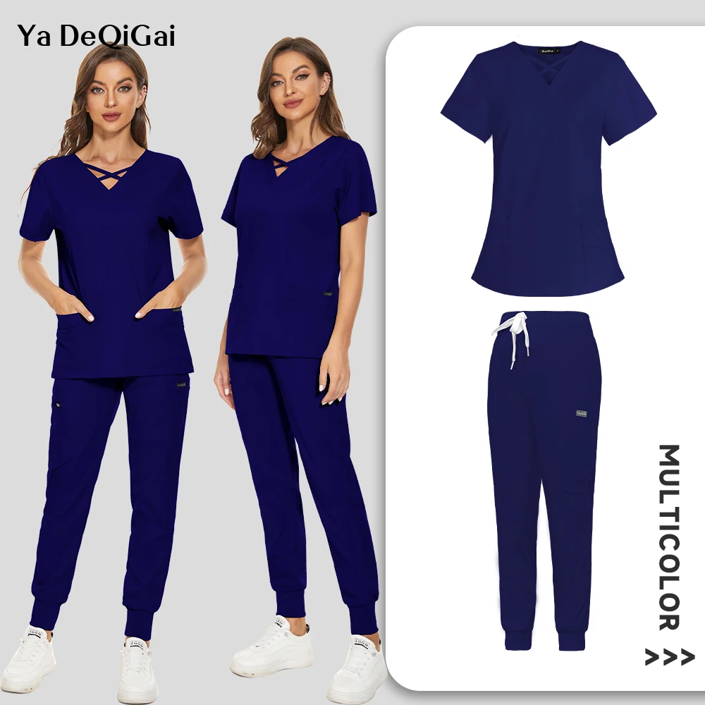 

Wholesale Fashion Scrub Suits Hospital Nurse Working Uniform Sets Solid Color Surgical Gown Pocket V-neck Scrubs Set for Women