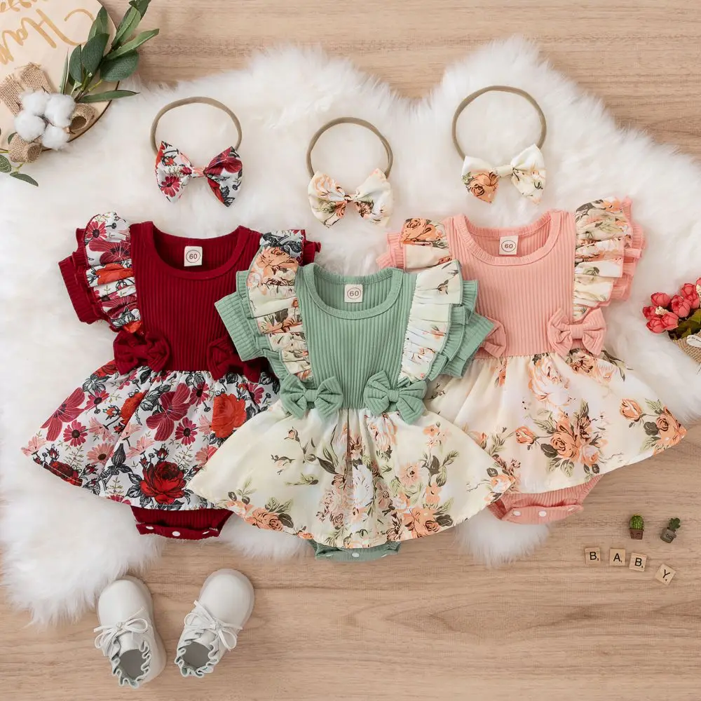 

Baywell Summer Baby Girl Ribbed Bodysuit Floral Dress+Headband 2Pcs/Set Ruffled Short Sleeve Jumpsuit Bow Dress Clothes 0-18M