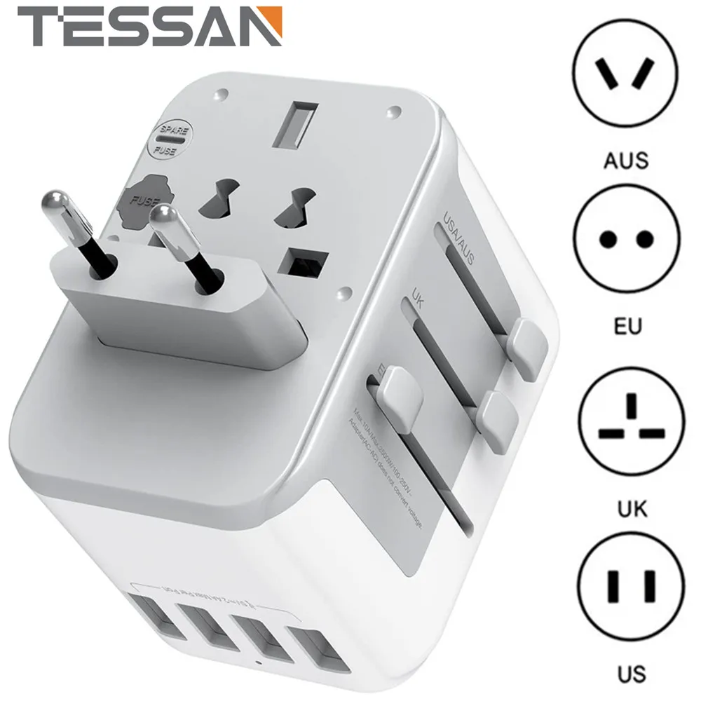 

TESSAN Travel Adapter Worldwide, Universal Socket International Adapter 2300W with 4 USB Ports and 1 AC socket for USA EU UK AU