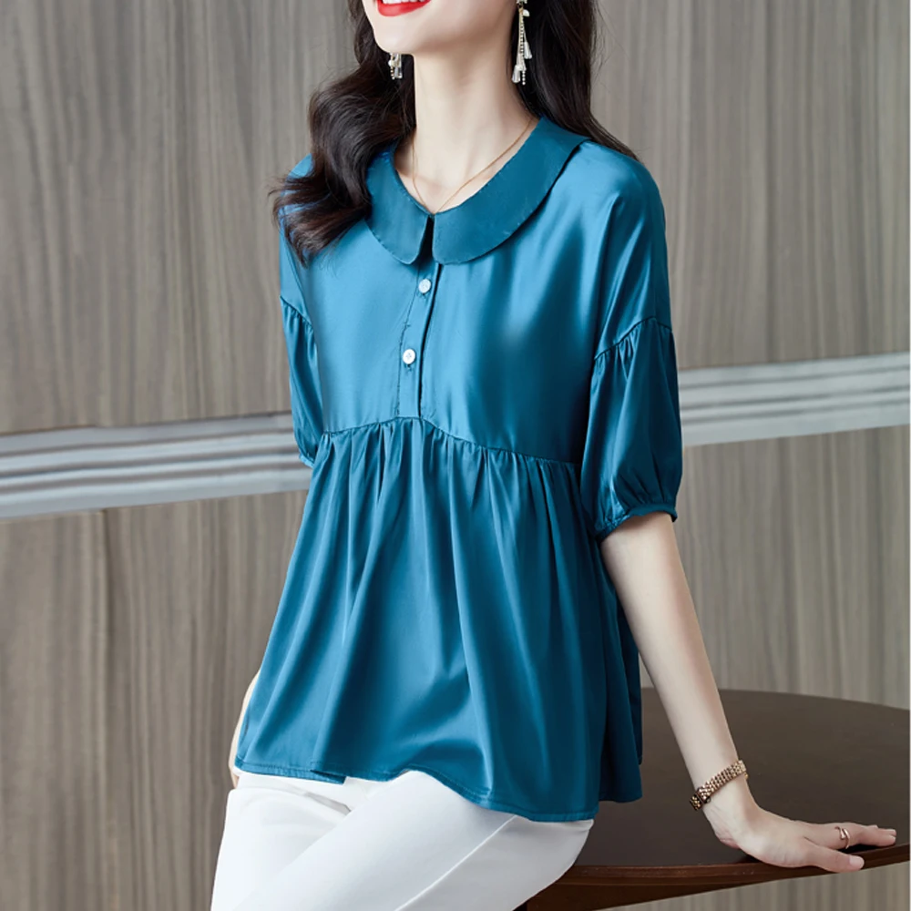 

Блузка женская свободного покроя с коротким рукавом, повседневная простая Однотонная рубашка, базовая одежда в винтажном стиле, лето 2022