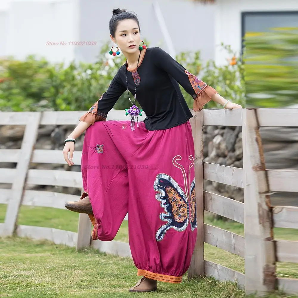 

2023 chinese vintage cotton linen trousers national flower embroidery women elastic waist pants pantalones retro loose pants