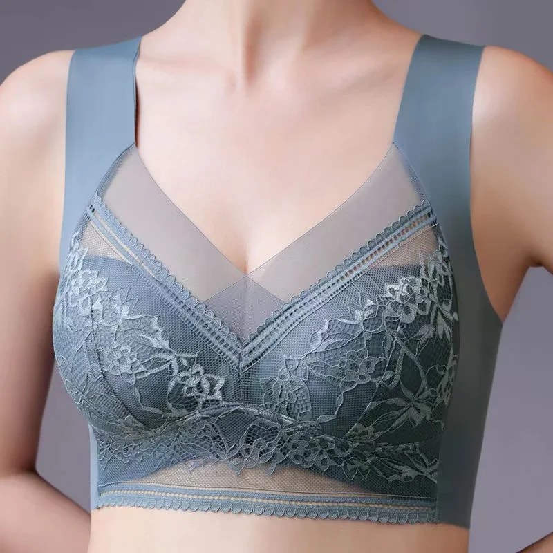 

Lace Ladies Underwear Top High Quality Sexy and Comfortable No Steel Rings Fixed Cups Gathered Small Large Size Bra Thin Section