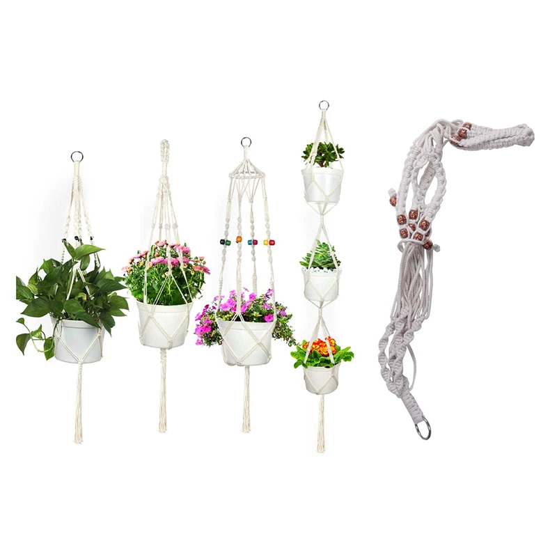 

5Pcs Macrame Plant Hanger With 4Pcs Macrame Plant Hanger White Handmade Cotton With 4 Hanging Hooks