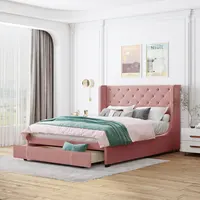 Pink Queen Size Storage Bed Velvet Upholstered Platform Bed with Wingback Headboard and A Big Drawer Bedroom Furniture