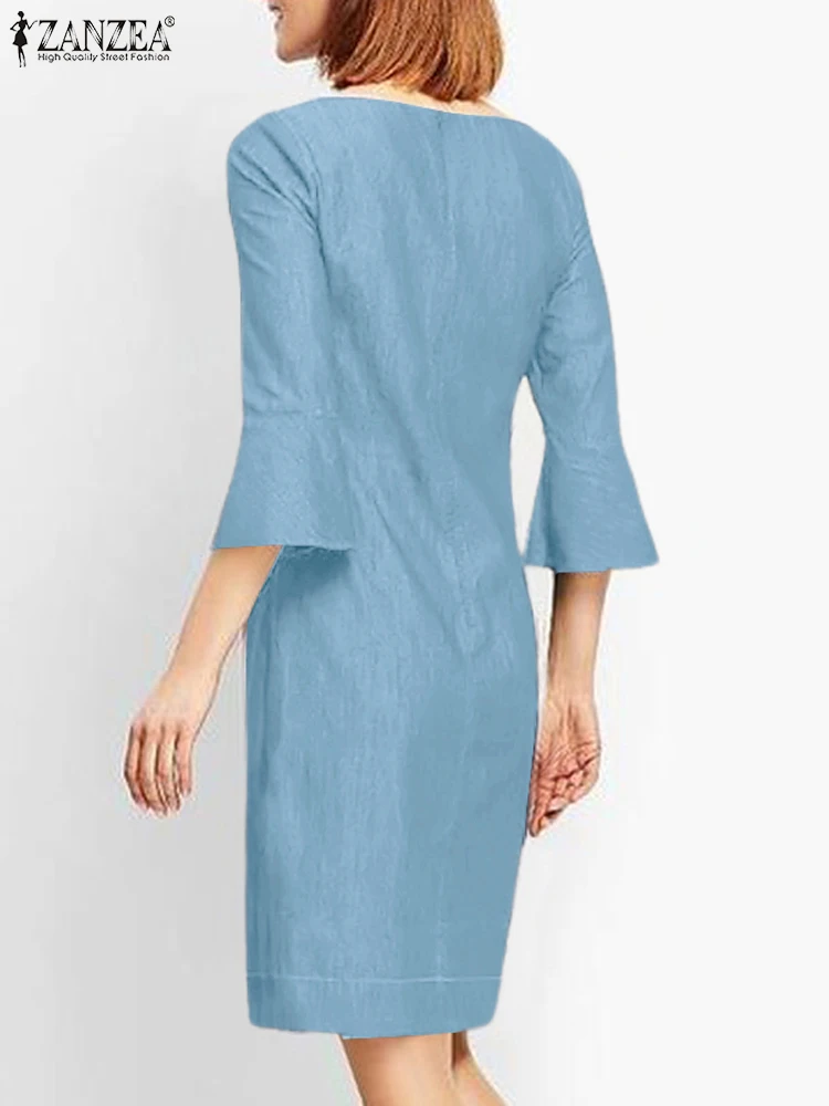 Женское однотонное джинсовое платье Zanzea с круглым вырезом и расклешенными