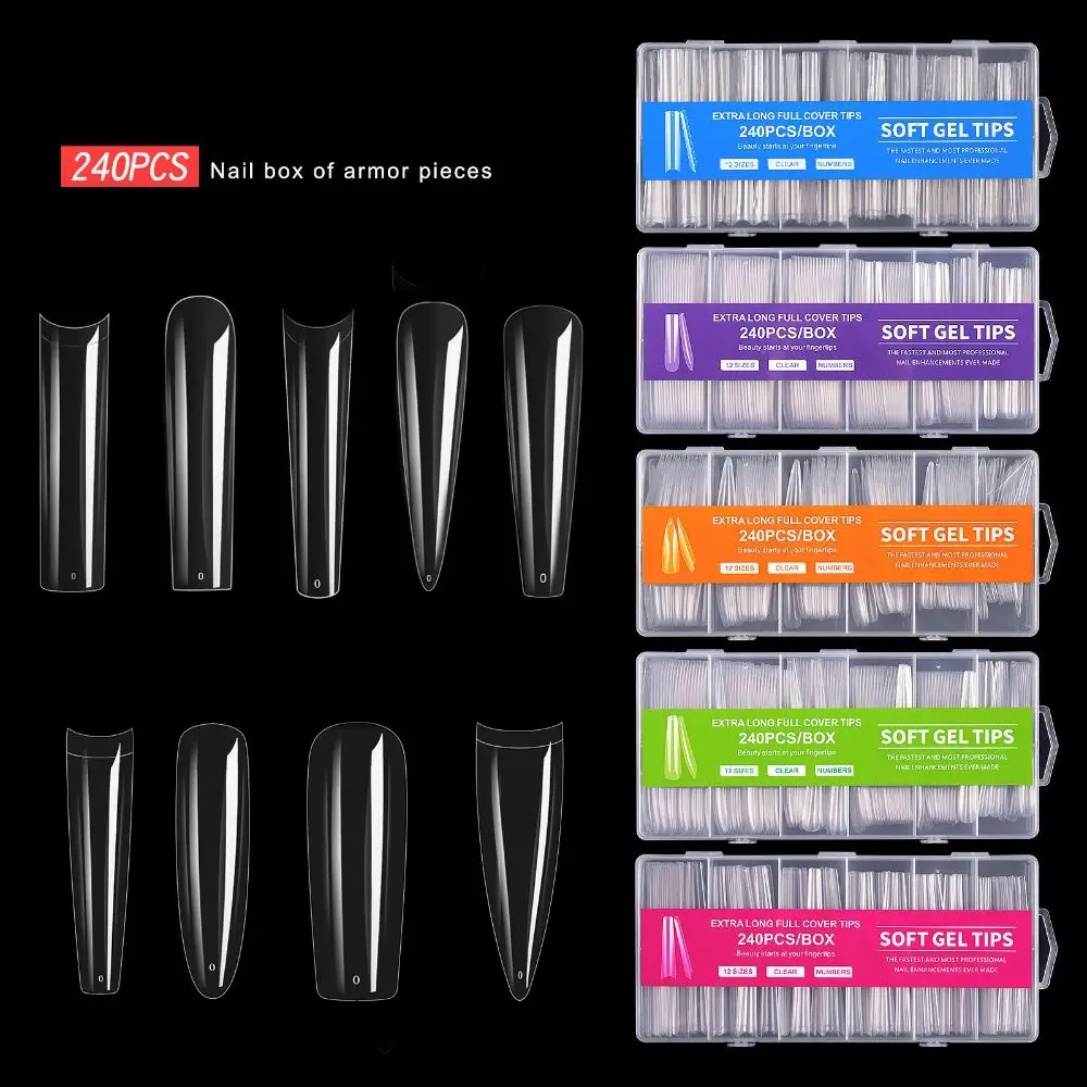 

240pcs Super-long Water Pipe Nail Piece Gel Tips Fake Nails Patch Transparent Cowboy Ballet False Nail PVC Boxed