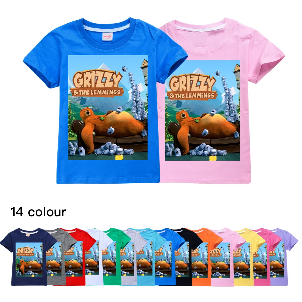 

Детские летние спортивные футболки с изображением медведя из мультфильма Grizzy, футболки с короткими рукавами для мальчиков, кавайная рубашк...