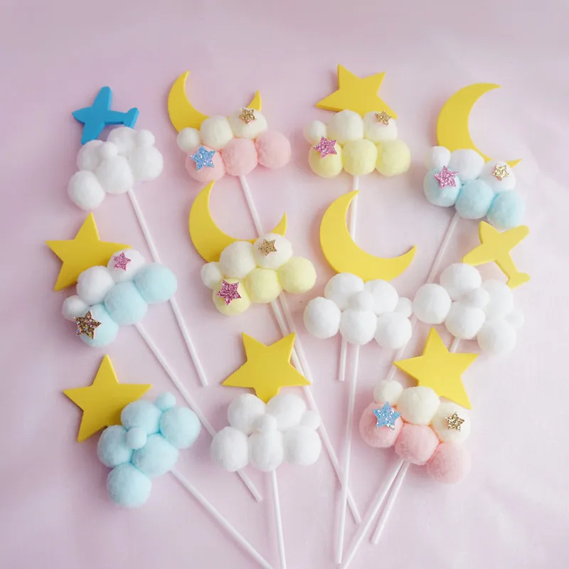 

Clouds Star Cake Topper Baby Shower Wedding Party Yellow Moon Cake Decoration Supplies Boy or Girl Plane Toppers for Cupcakes