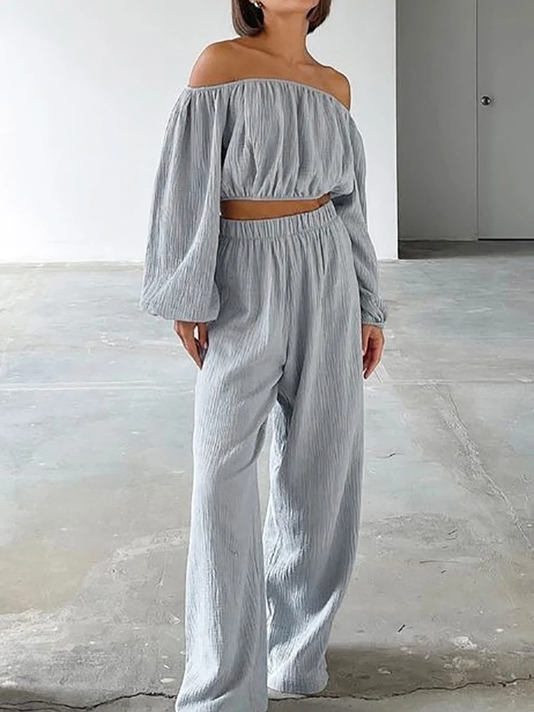 

Linad Off Shoulder Pajamas For Women 2 Piece Sets Cotton Long Sleeve Crop Top Female Trouser Suits Loose Sleepwear Autumn 2023