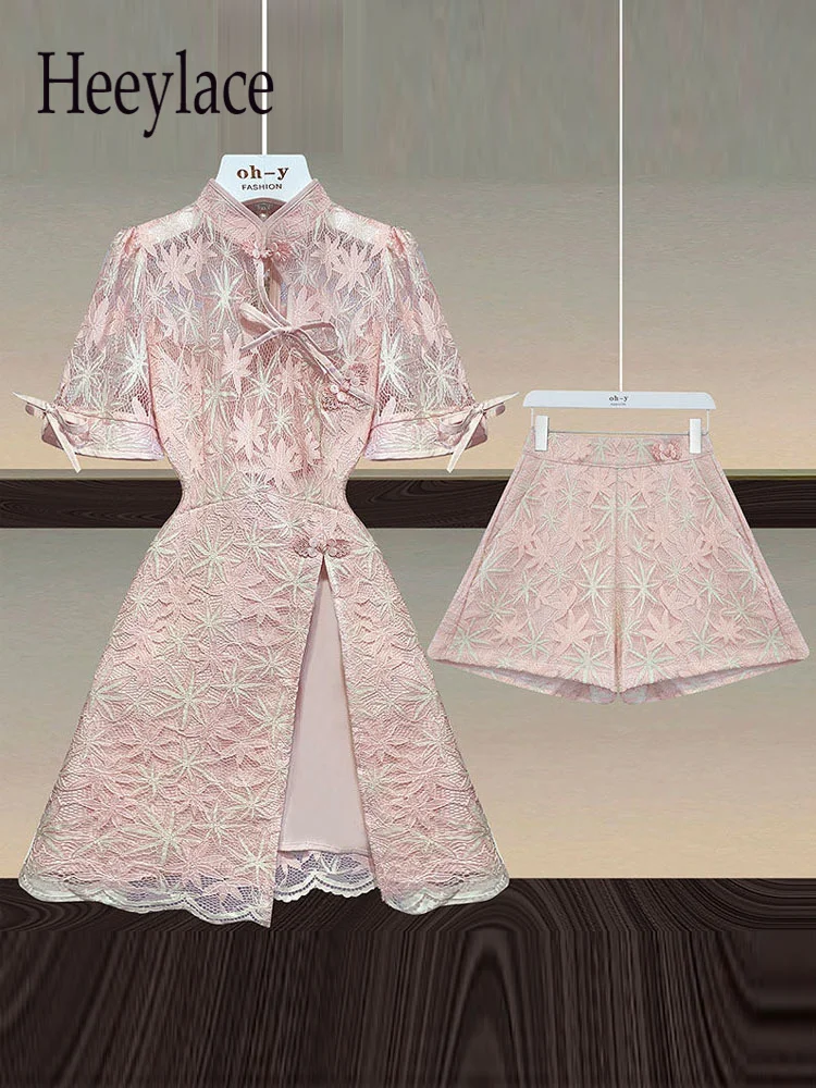 

Women Sweet Pink Lace 2 Piece Sets Womens Outfits Summer Short Sleeve Cheongsam Split Lace Top And Shorts Sets Ensemble Femme