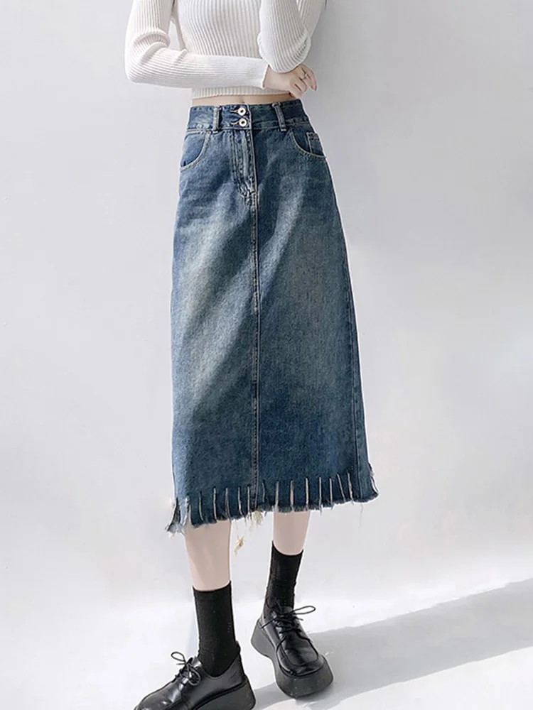 

Denim Skirt Women High Waist A Line Long Skirt Spring Casual Korean Fashion Tassel Clothes Vintage Streetwear Jean Skirt