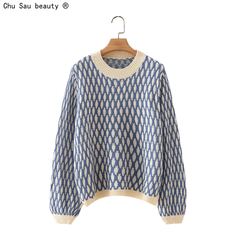 

Autumn Winter New Fashion Vintage College Style Straight Casual O-Neck Long-Sleeve Jacquard Short Pullover Knit Sweater Women