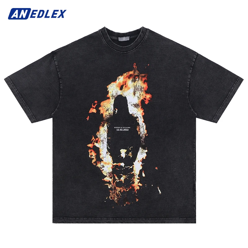 

Футболка мужская оверсайз в стиле хип-хоп с принтом пламени