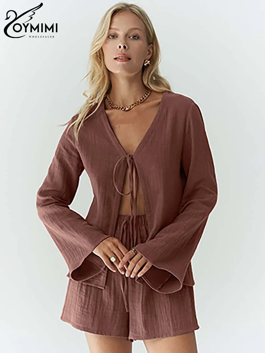 Oymimi повседневный коричневый хлопковый комплект из двух предметов для женщин