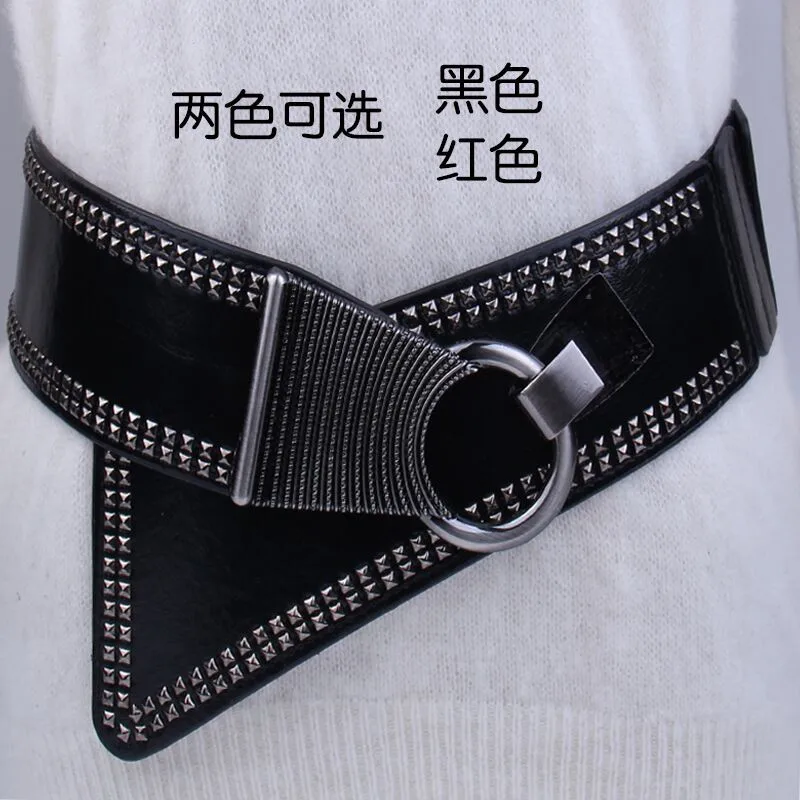 Ladies Oblique Wide Waist Seal Black Fashion Rivet Punk Style Versatile Wide Belt With Dress Elastic Decorative Belt