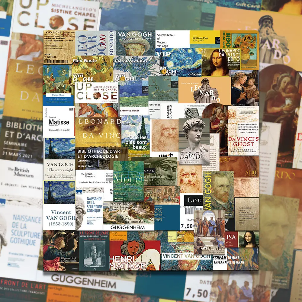 

50Pcs Retro Literary Ticket Stub Da Vinci Van Gogh Famous Painting Retro Sticker Diy Hand Account Material Ins Does Not Repeat
