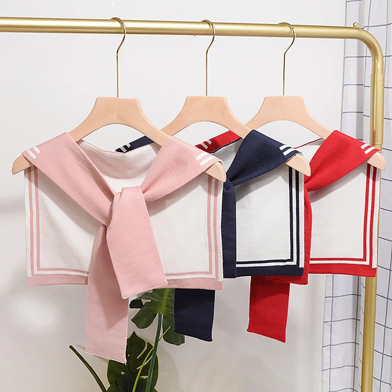 Корейская студенческая темно-синяя полосатая шерстяная вязаная накидка на плечо