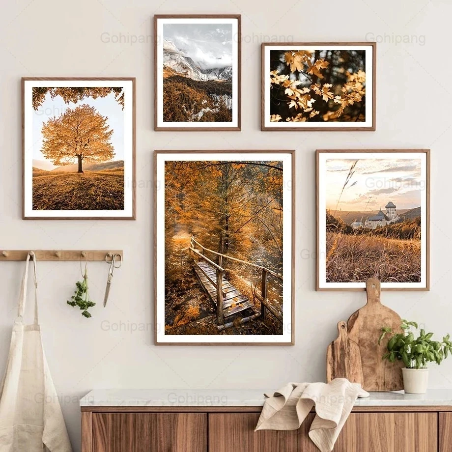 

Autumn Forest Scenery Canvas Painting Mountain Maple Yellow Leaves Trees Posters and Prints Wall Pictures for Living Room Decor