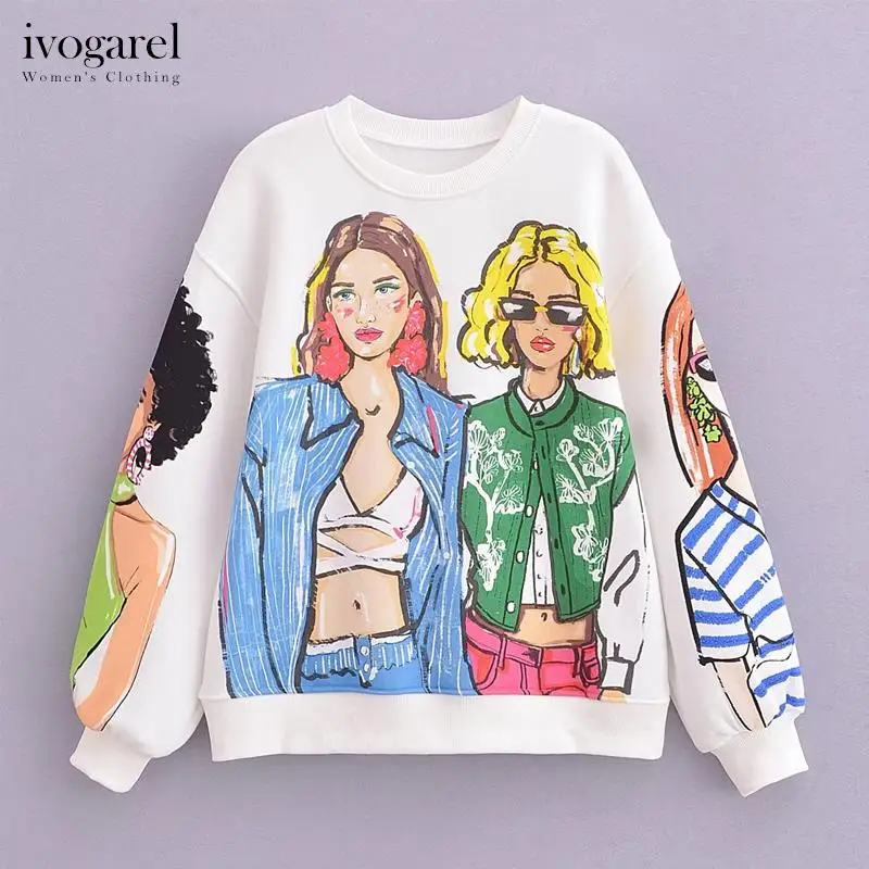 

Джемпер Ivogarel с изображением девушки, женский, круглый вырез, длинные рукава, манжеты с ребристой отделкой, сверху симпатичная одежда