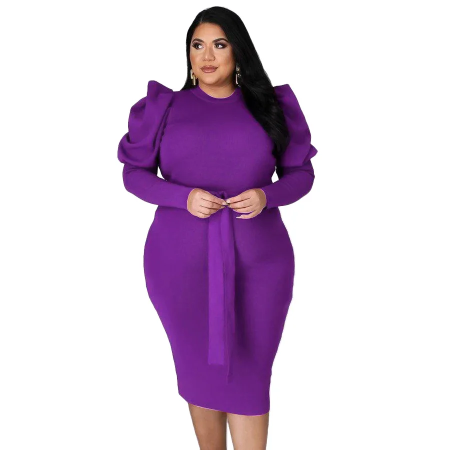 Plus Size Dresses O-Neck Solid Lace Up Knee-length Long Sleeve Elegant Long Women's Overalls Party Dress High Street Sheath Full