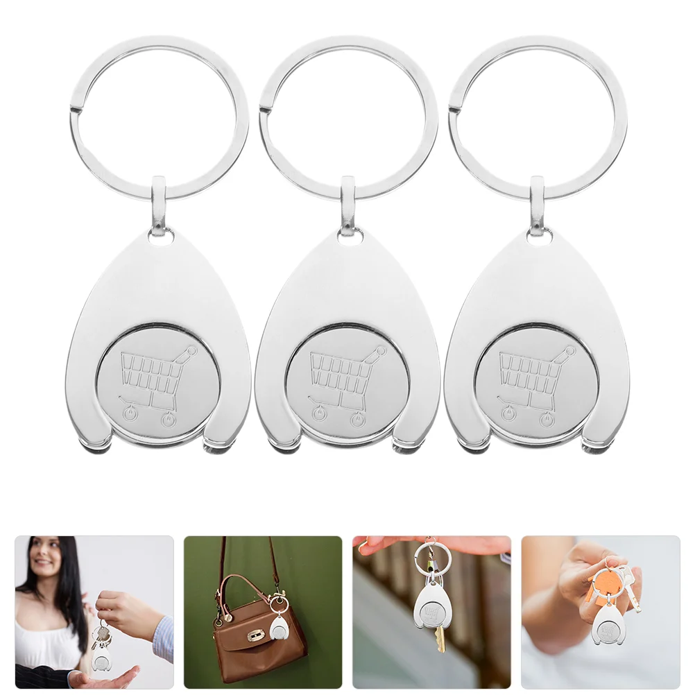 

3 Pcs Car Decorations Cart Token Trolley Key Ring Portable Remover Shopping Metal Chain