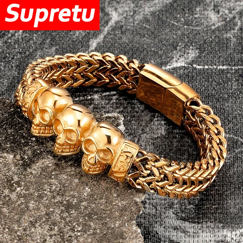 Punk Stainless Steel Skull Bracelet Charm Mens Gold Chain Hand Accessories Magnetic Fashion Wristband Jewelry Gifts Dropshipping