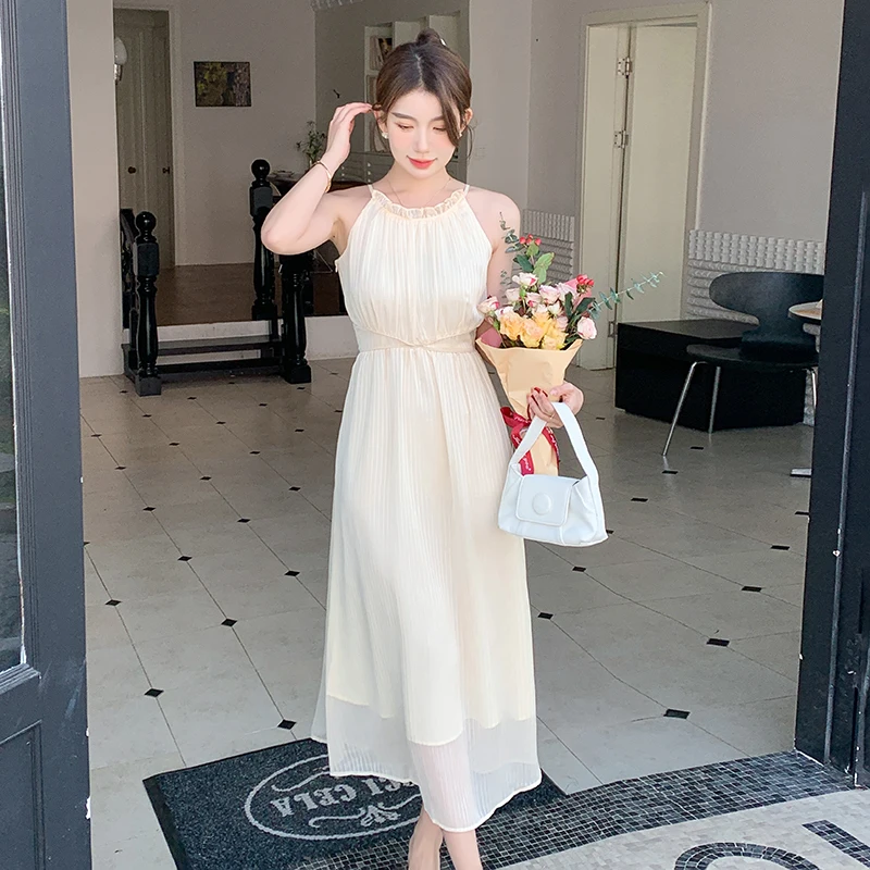 

Solid Evening Dresses Women 2023 New French O-neck Sleeveless Sexy Slim Halter Summer Dress Empire Folds Clothing YCMYUNYAN