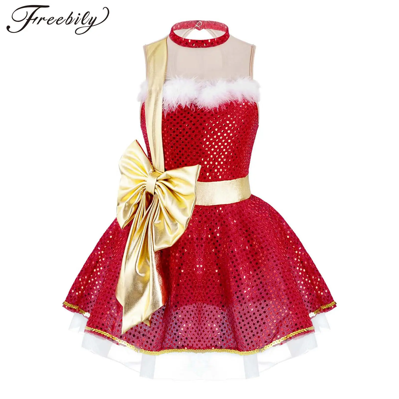 

Kids Girls Shiny Sequins Christmas Dance Dress Santa Claus Costumes Sleeveless Mesh Bowknot Ballet Tutu Figure Ice Skating Dress