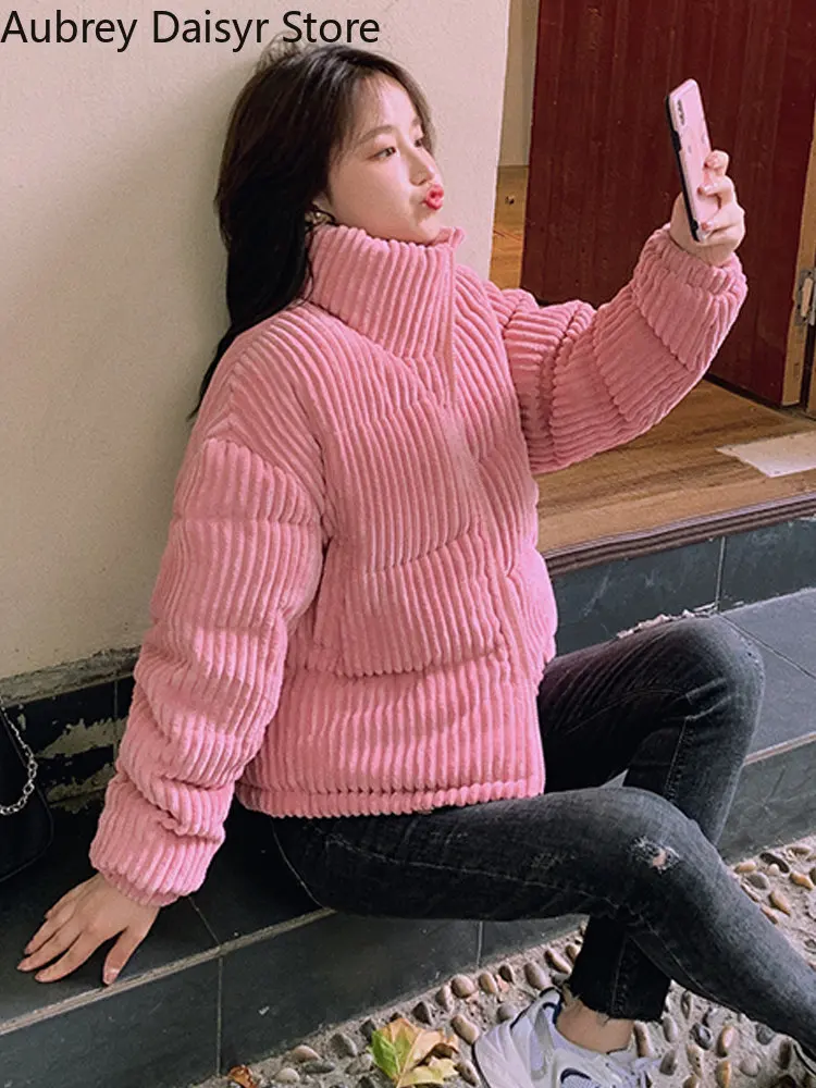 Fashion Parke Corduroy Cotton Coat Women Short Warm Thick Winter Coat Ladies Korean Casual Slim Workwear Jacket Women Clothes