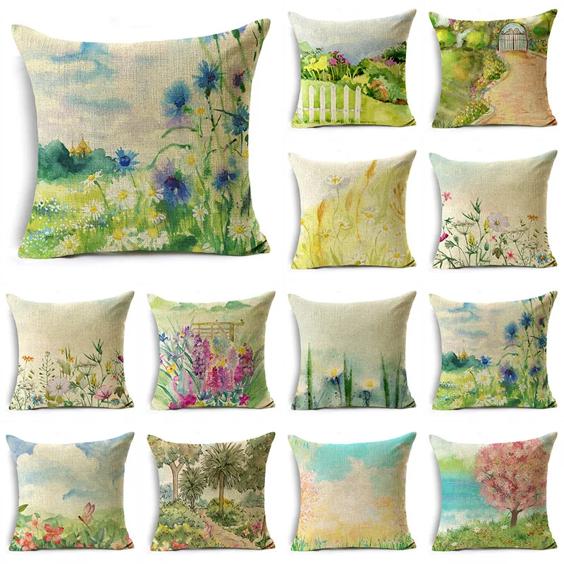 

Blue Sunflower Garden Pink Tree Road White Retro Linen Throw Pillowcase Living Room Sofa Home 40*40cm/45*45cm/50*50cm