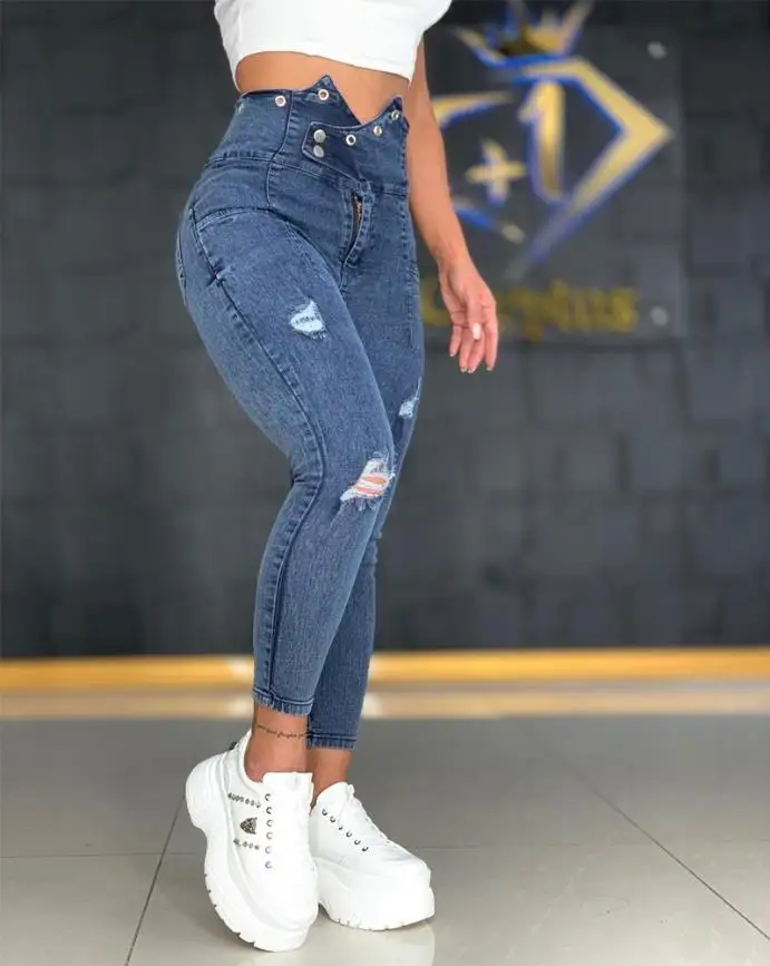 

Jeans Pants for Women Fashion Plain Casual Denim Grommet Eyelet Decor Ripped Skinny High Waist Jeans Casual 2023 New All-Match