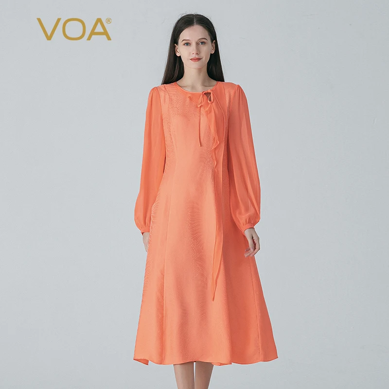 

(Fans Exclusive Discount) VOA 100% High-end Silk Jacquard Orange O-neck Shirt Long Sleeve Ruffles Silk Elegant Midi Dress AE1878