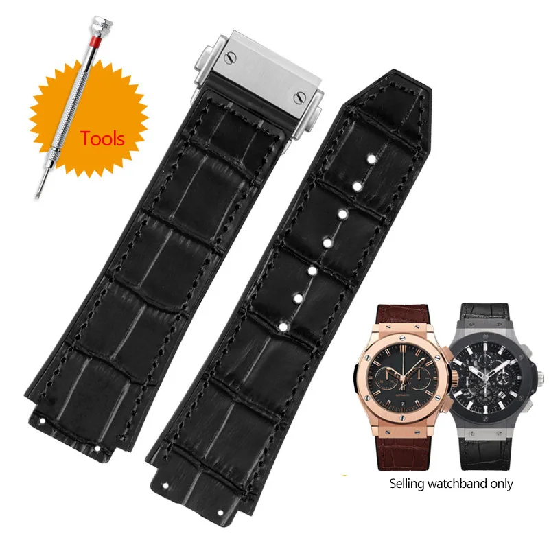 For Hublot strap BIG BANG Watchband stainless buckle free tool Men New real cow leather Rubber Watchband 25*19mm Brown Black 4.6