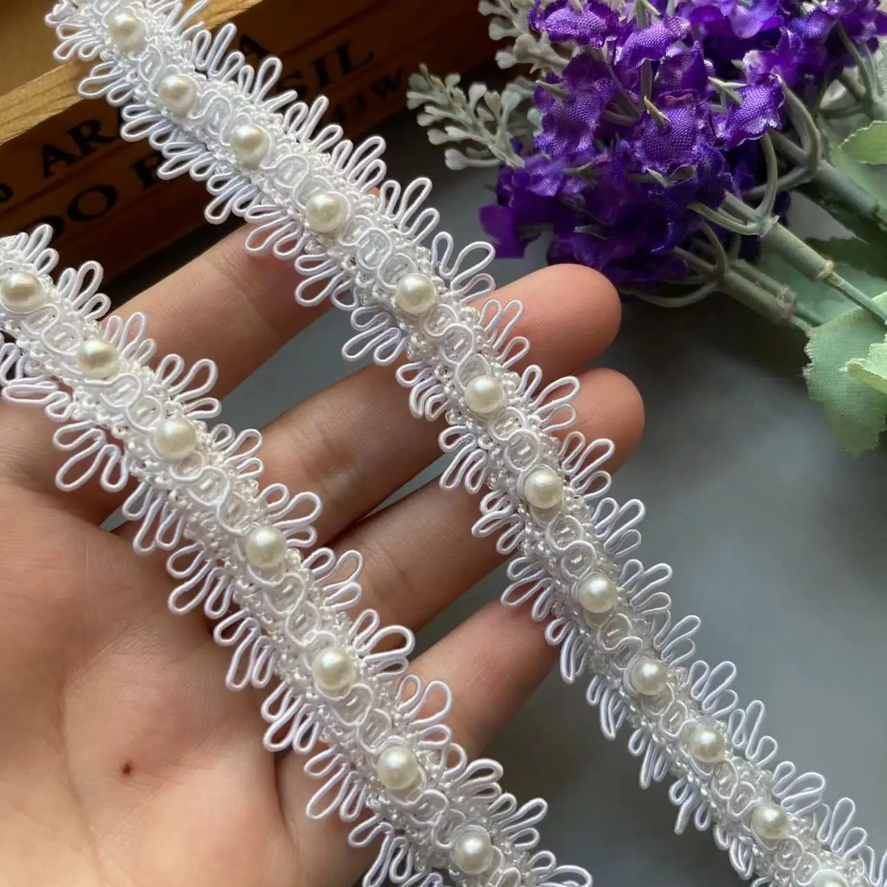 

2 Yard 2 cm Width Ivory Pearl Beaded Lace Trim Ribbon Fabric Nylon Embroidered Handmade DIY Garment Sewing Craft Decoration Hot