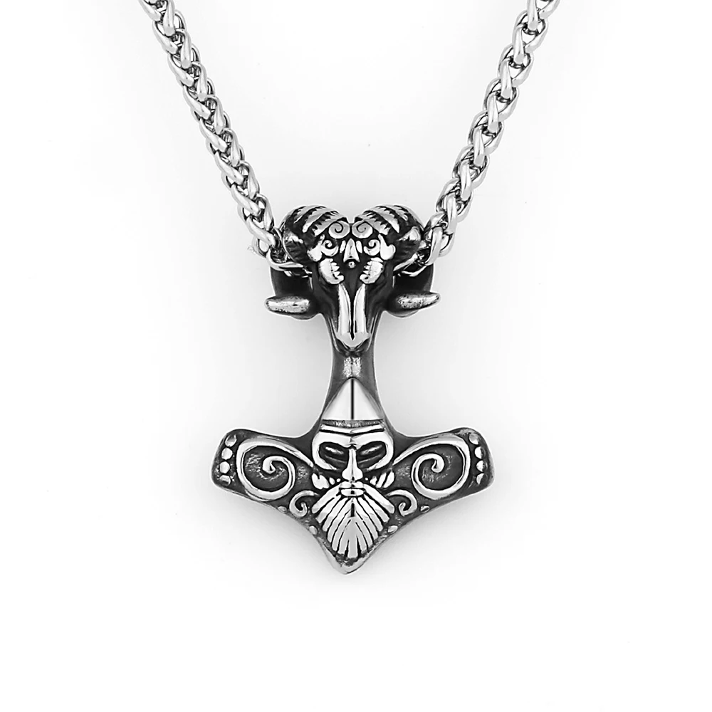 Norse Viking Odin Thor Hammer Pendant Necklace Stainless Steel Scandinavian Pagan Goat Necklace Men Amulet Jewelry Dropshipping