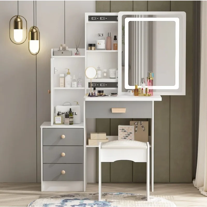 

Laden Length Drawers Dressing Table Makeup Vanity Table LED Light Amp Cabinets Mirror Amp Stool Bedrooms Furniture WRXYH