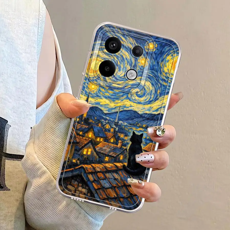 Чехол для Xiaomi Redmi Note 14 Pro Plus 11 9 10 A4 11S 13C 12S 10S Note 13 14C 12, мягкий чехол для телефона, Ван Гог, Звездная ночь, Кот (art.: 3920d97451e06) - 3920d97451e06