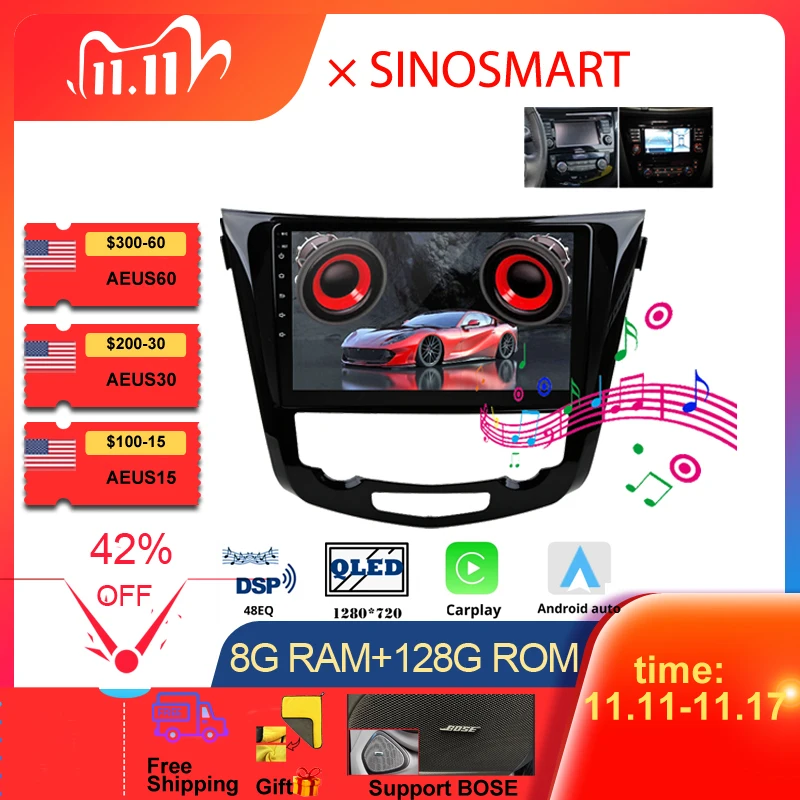 SINOSMART Car Radio Android Player for Nissan Qashqai J11 X-Trail Xtrail T32 Rogue Dualis 2013-2021 Support OEM BOSE 360