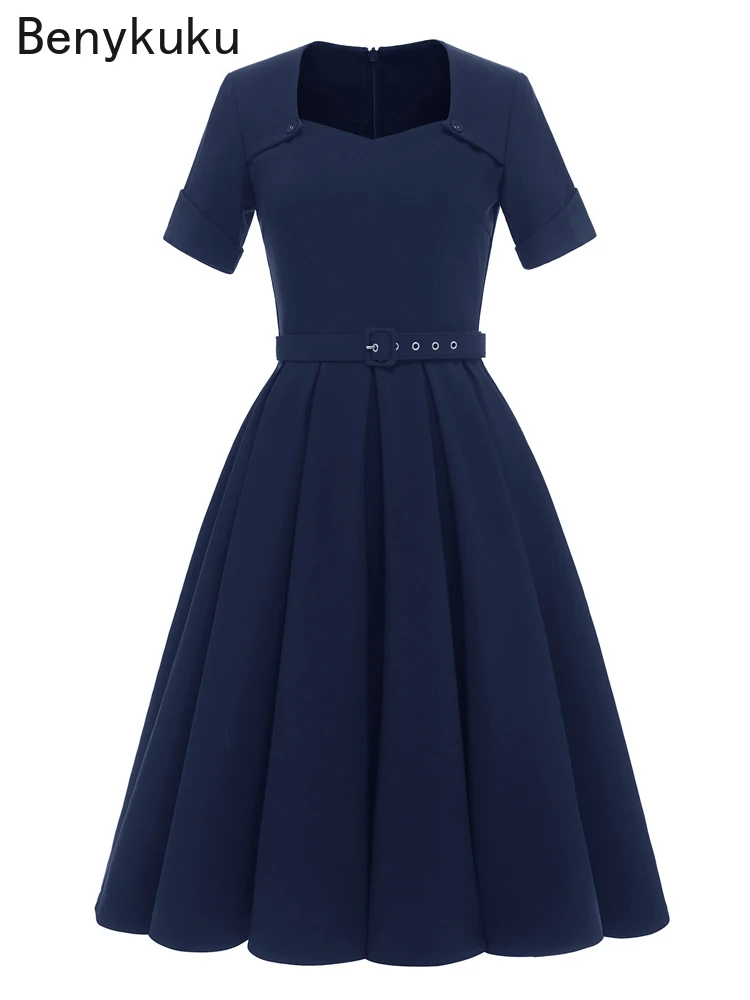 

Square Neck Short Sleeve Belted Vintage Dresses for Women 2022 Summer Elegant Midi Length Retro Pleated Dress Woman Clothes
