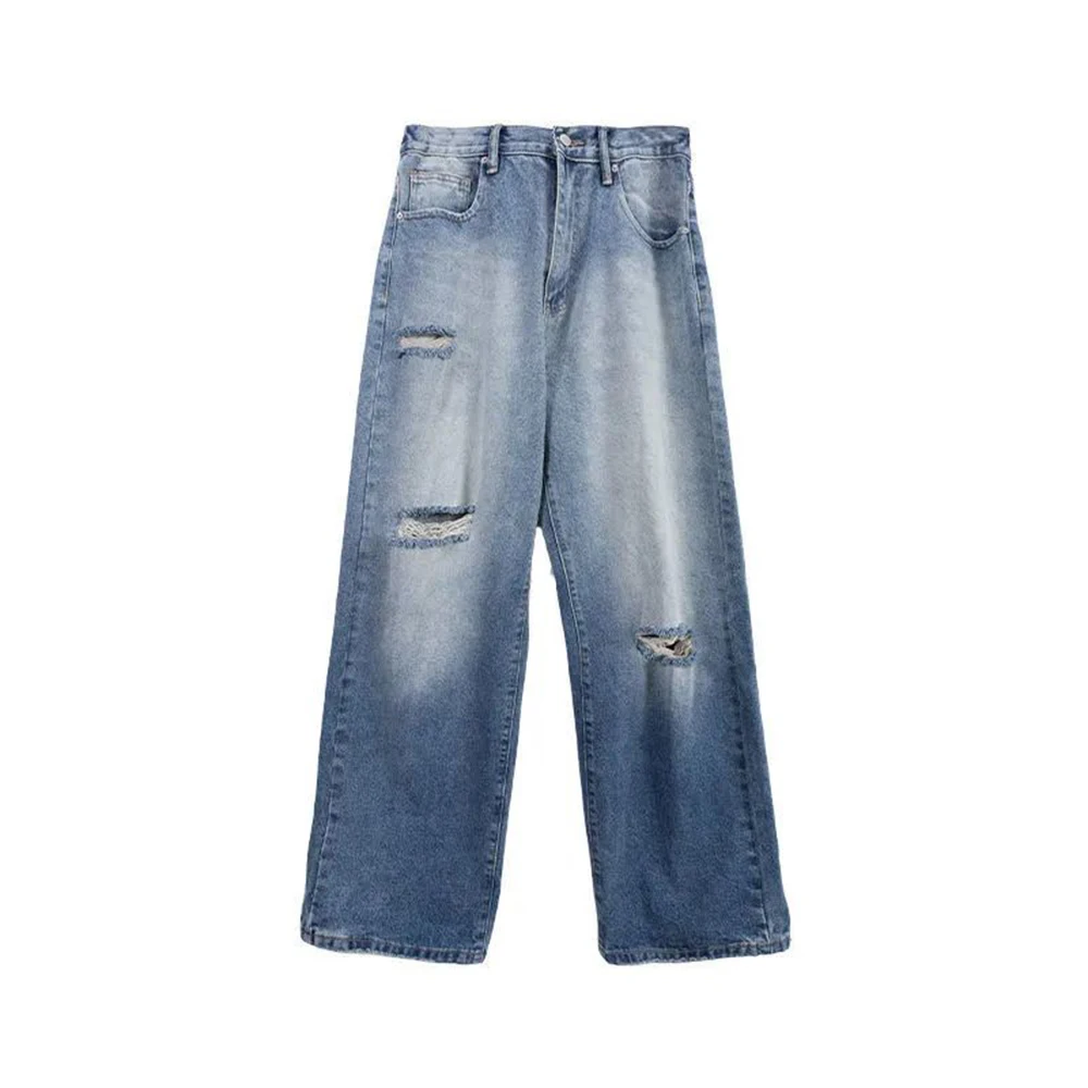 Summer New Elastic Waist Ripped Jeans Men's American High Street Y2K Straight Hiphop Loose Wide-leg Pants Gradient Trousers