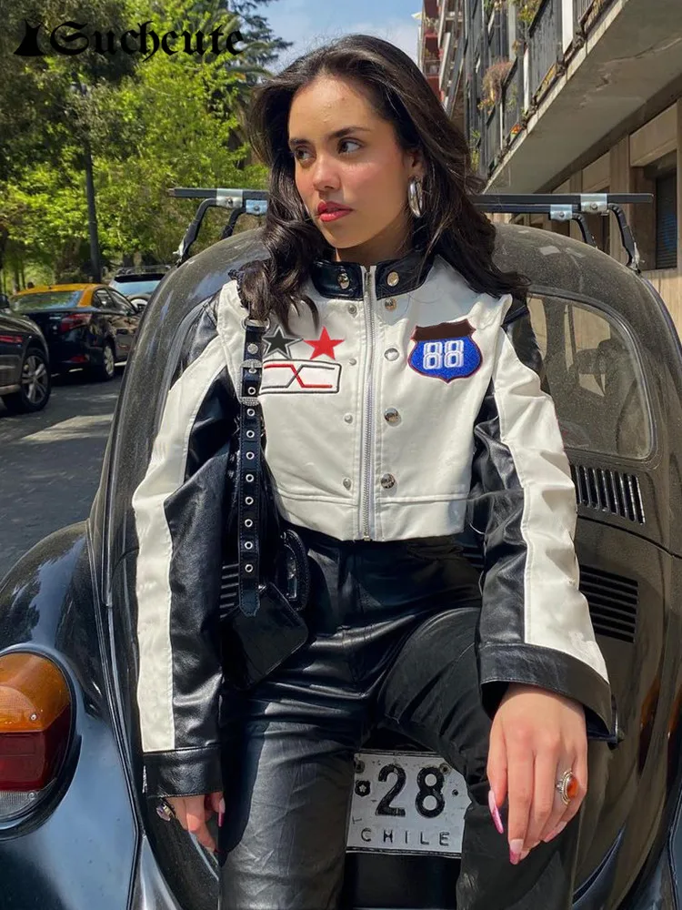 SUCHCUTE Racing Black White Contrast Patchwork Leather PU Jackets Motorcycle Long Sleeve Bomber Jacket Zipper Moto Biker Clothes