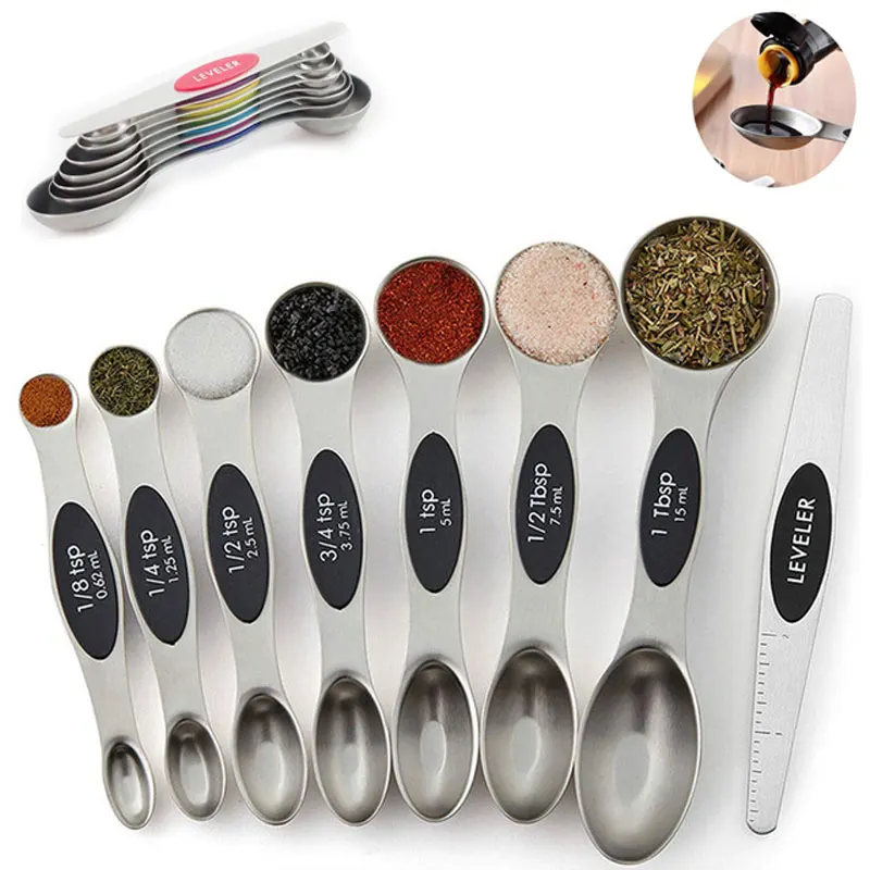 8 Pcs Measuring Spoon Set Dual Sided Magnetic Measuring Spoons  Stackable Stainless Steel Kitchen Engraved Scale Letter Teaspoon